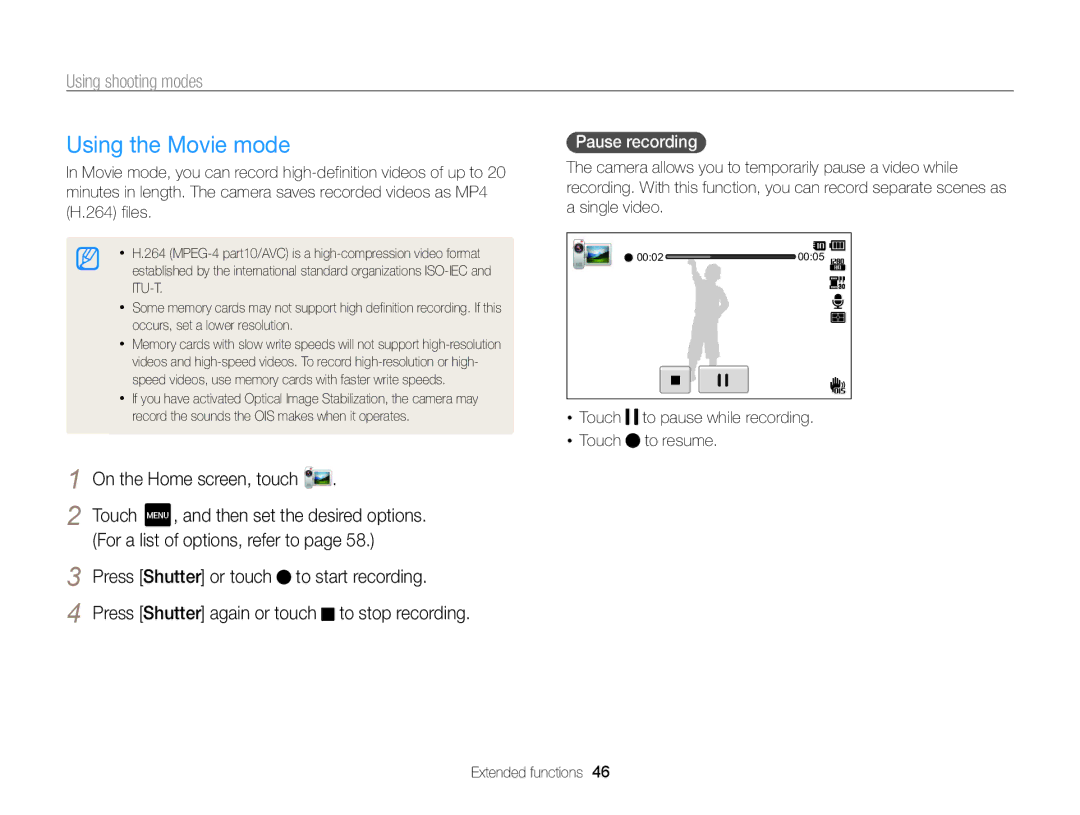 Samsung ECMV800ZBPBUS user manual Using the Movie mode, On the Home screen, touch Touch, For a list of options, refer to 